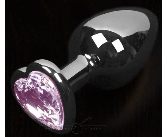 Серая анальная пробка с розовым кристаллом в виде сердечка - 8,5 см., фото 