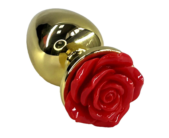 Золотистая анальная пробка с ограничителем в форме красной розы - 10 см., фото 