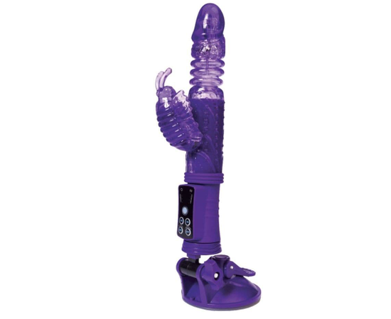 Фиолетовый вибратор с ротацией бусин, клиторальным стимулятором и надёжной присоской, фото 