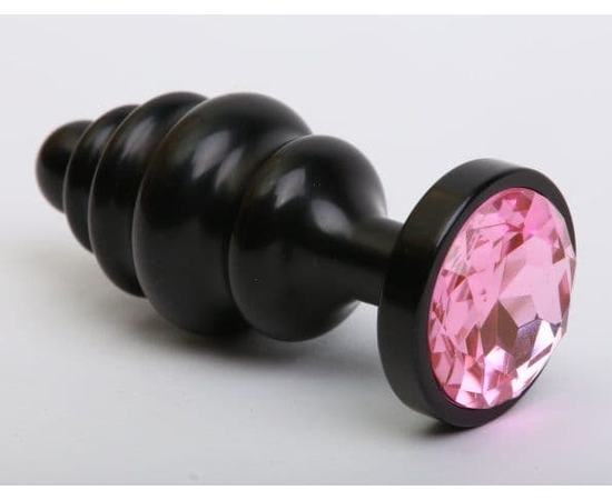 Черная фигурная анальная пробка с розовым кристаллом - 8,2 см., фото 
