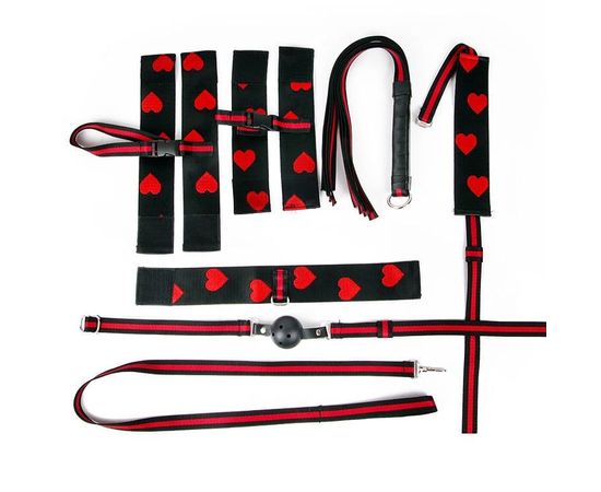 Большой набор БДСМ-аксессуаров с сердечками, Цвет: черный с красным, фото 