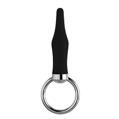 Черная коническая анальная пробка с кольцом - 8 см., фото 
