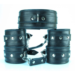 Набор БДСМ-аксессуаров из гладкой кожи: ошейник, наручники и оковы, фото 