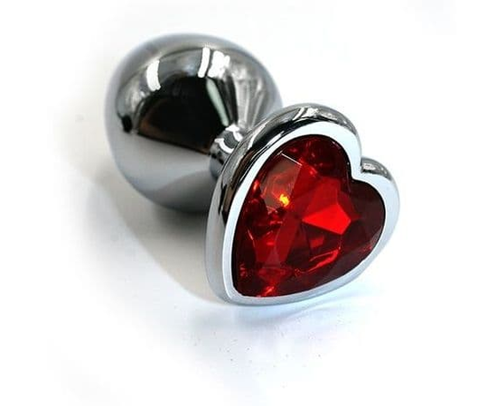 Серебристая анальная пробка с красным кристаллом-сердцем - 8,2 см., фото 