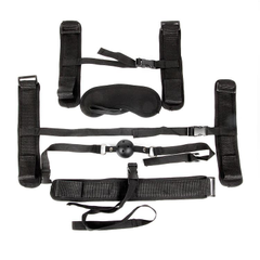 Пикантный черный текстильный набор БДСМ: наручники, оковы, ошейник с поводком, кляп, маска, Цвет: черный, фото 