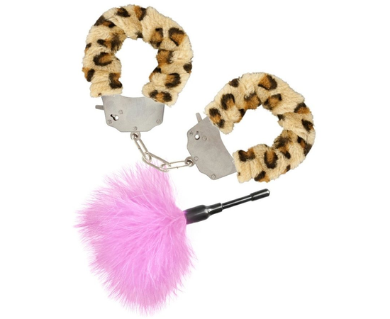 Эротический набор: леопардовые наручники и розовая пуховка, фото 