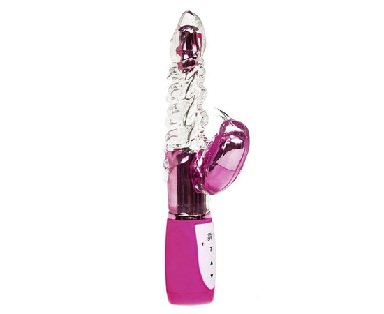 Прозрачный вибромассажёр с розовым клиторальным стимулятором и вращающейся головкой LUXE HUGS AND KISSES - 26 см., фото 