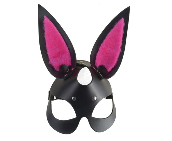 Черная маска "Зайка" с розовыми меховыми вставками, фото 