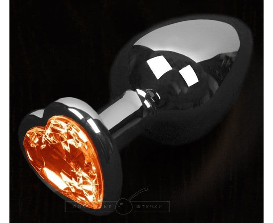 Серая анальная пробка с оранжевым кристаллом в виде сердечка - 6 см., фото 