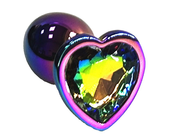 Анальная пробка цвета неохром с радужным кристаллом в форме сердца - 7 см., фото 