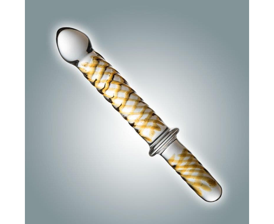 Прозрачный фаллоимитатор с ручкой и золотистым узором - 23 см., Цвет: прозрачный, фото 