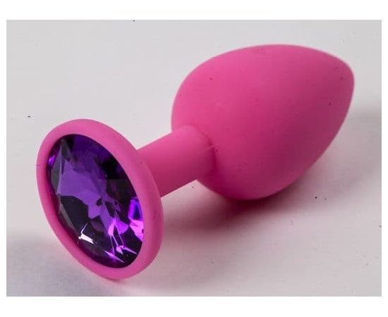 Розовая силиконовая анальная пробка с фиолетовым стразом - 7,1 см., фото 