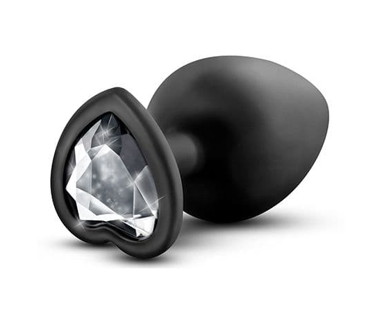 Черная анальная пробка с прозрачным стразом-сердечком Bling Plug Large - 9,5 см., фото 