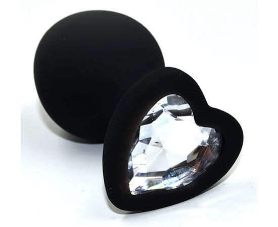 Черная анальная силиконовая пробка с прозрачным кристаллом в форме сердца - 8,8 см., фото 