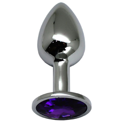 Серебристая анальная втулка с фиолетовым стразом - 7 см., фото 