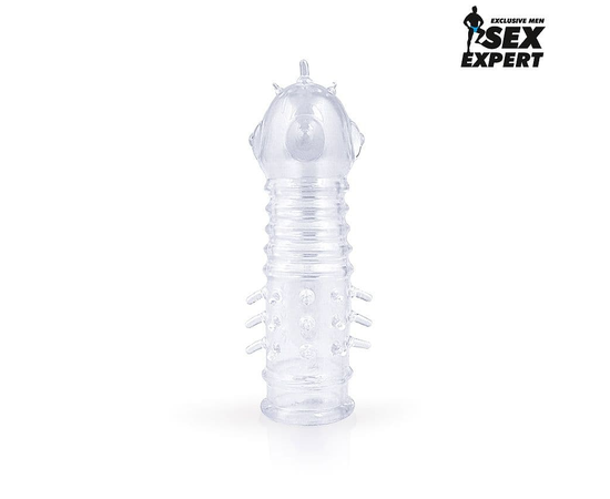 Закрытая прозрачная насадка на пенис с выпуклостями и шипиками - 13,5 см., фото 