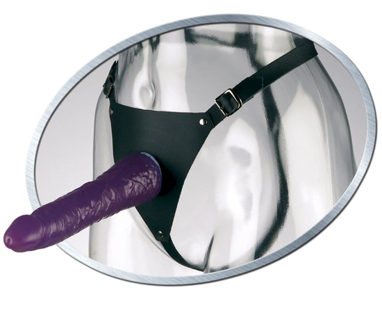 Фиолетовый женский страпон Leather Strap On Satisfy-Her - 19 см., фото 