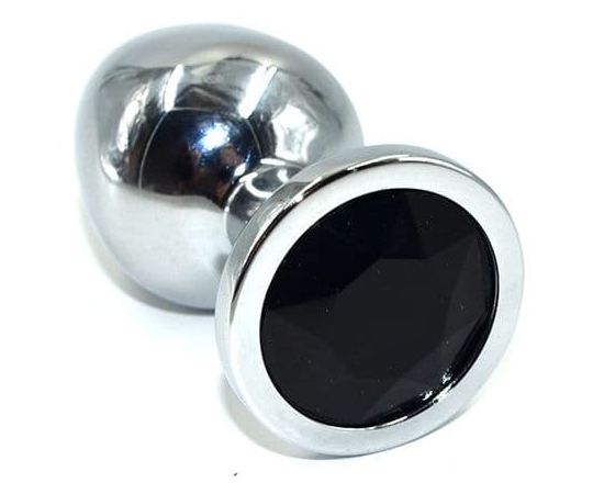 Серебристая анальная пробка из нержавеющей стали с черным кристаллом - 8,5 см., фото 