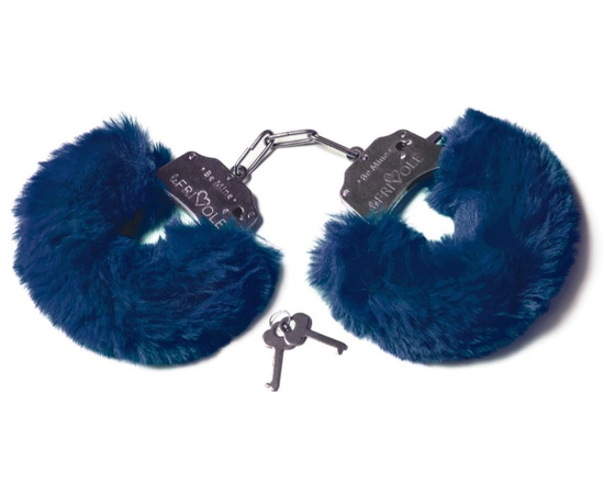 Шикарные темно-синие меховые наручники с ключиками, фото 