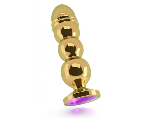 Золотистая фигурная анальная пробка R10 RICH Gold/Purple с фиолетовым кристаллом - 14,5 см., фото 