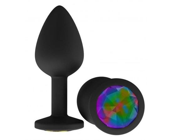Чёрная анальная втулка с разноцветным кристаллом - 7,3 см., фото 
