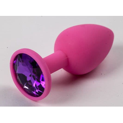 Розовая силиконовая анальная пробка с фиолетовым стразом - 7,1 см., фото 