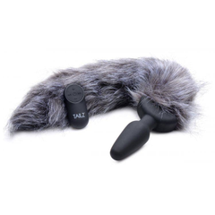 Черная анальная вибропробка с серым лисьим хвостом Grey Fox Tail Vibrating Anal Plug, фото 