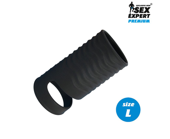 Черная открытая насадка на пенис с кольцом для мошонки L-size - 8,5 см., Длина: 8.50, Цвет: черный, Размер: L, фото 