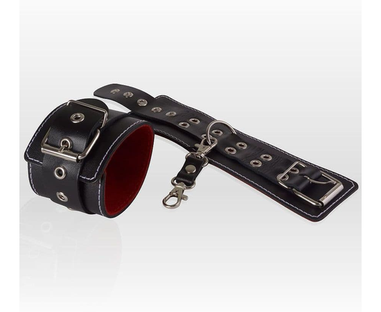 Чёрные кожаные наручники с контрастной строчкой и красной изнанкой, фото 