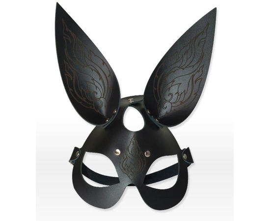 Чёрная кожаная маска с длинными ушками и эффектом тату, фото 