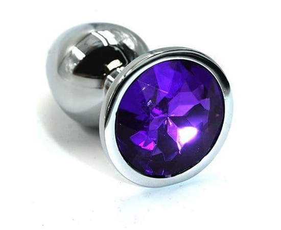 Серебристая алюминиевая анальная пробка с темно-фиолетовым кристаллом - 6 см., фото 