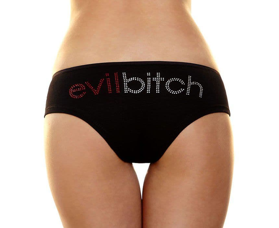 Трусики-слип с надписью стразами Evil bitch, Цвет: черный, Размер: S-M, фото 