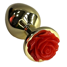 Золотистая анальная пробка с ограничителем в форме красной розы - 9 см., фото 