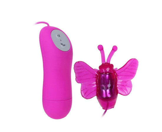 Розовый вибростимулятор с насадкой в виде бабочки, фото 