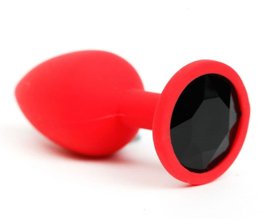 Красная анальная пробка с черным стразом - 7,6 см., фото 