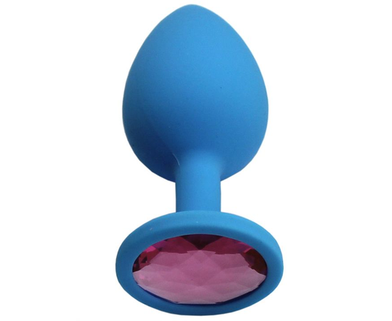 Голубая анальная пробка с розовым кристаллом - 8,4 см., фото 