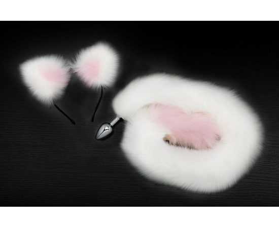 Серебристая анальная пробка с бело-розовым хвостиком и ободком-ушками, фото 