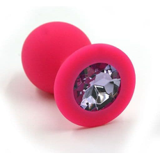 Розовая силиконовая анальная пробка с светло-фиолетовым кристаллом - 7 см., фото 