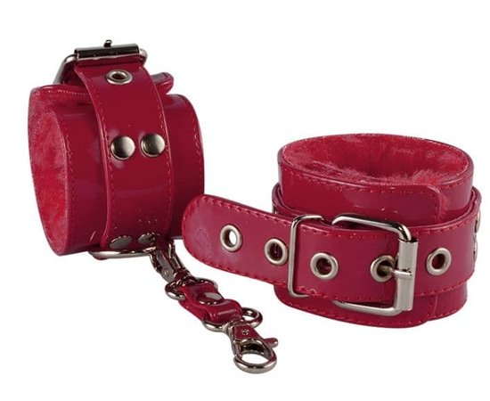 Бордовые лаковые наручники с меховым подкладом, фото 