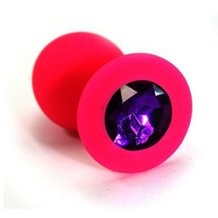 Розовая силиконовая анальная пробка с темно-фиолетовым кристаллом - 7 см., фото 