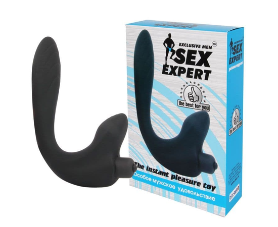 Черный удлиненный силиконовый массажер простаты Sex Expert с отростком, фото 