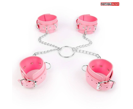 Комплект розовых наручников и оков на металлических креплениях с кольцом, фото 