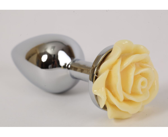 Серебристая анальная пробка с жёлтой розой - 7,6 см., фото 