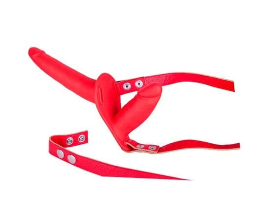 Красный страпон с вагинальной пробкой SEX COMPANION DUAL CLIMAX - 17 см., фото 