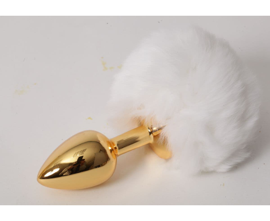 Золотистая анальная пробочка c белым хвостом "Задорный Кролик", фото 