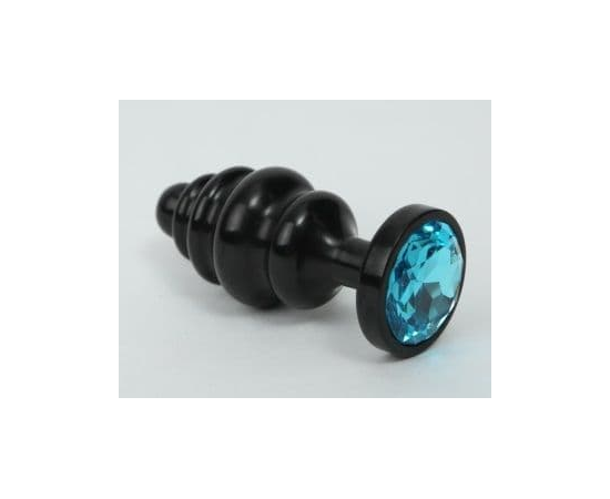 Черная фигурная анальная пробка с голубым кристаллом - 8,2 см., фото 