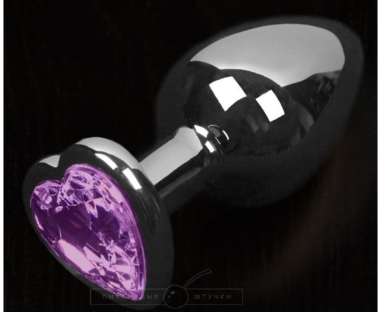 Серая анальная пробка с фиолетовым кристаллом в виде сердечка - 8,5 см., фото 