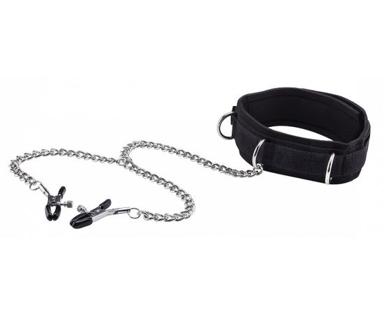 Чёрный воротник с зажимами для сосков Velcro Collar, фото 