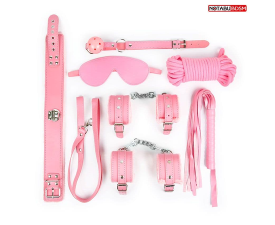 Оригинальный розовый набор БДСМ: маска, кляп, верёвка, плётка, ошейник, наручники, оковы, фото 