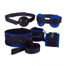 Сине-черный комплект для БДСМ-игр: наручники, кляп-шарик, маска, ошейник, фото 
